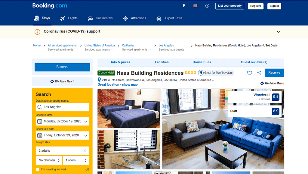 Booking.com search view